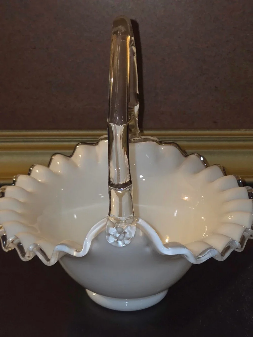 Vintage Fenton Silver Crest Milk Glass Ruffled Basket Clear Twisted Handle